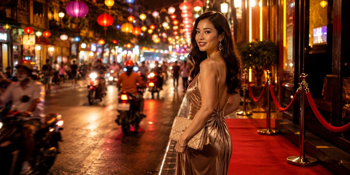 Cảnh đêm casino cao cấp tại Việt Nam với ánh đèn sân khấu rực rỡ